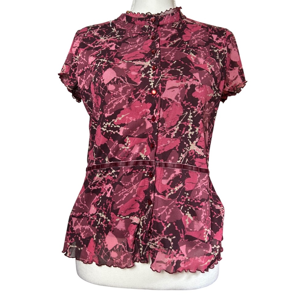 Y2K Baby Tee‎ Women's Sheer Burnout Floral Peplum Blouse Top L Pink Burgundy